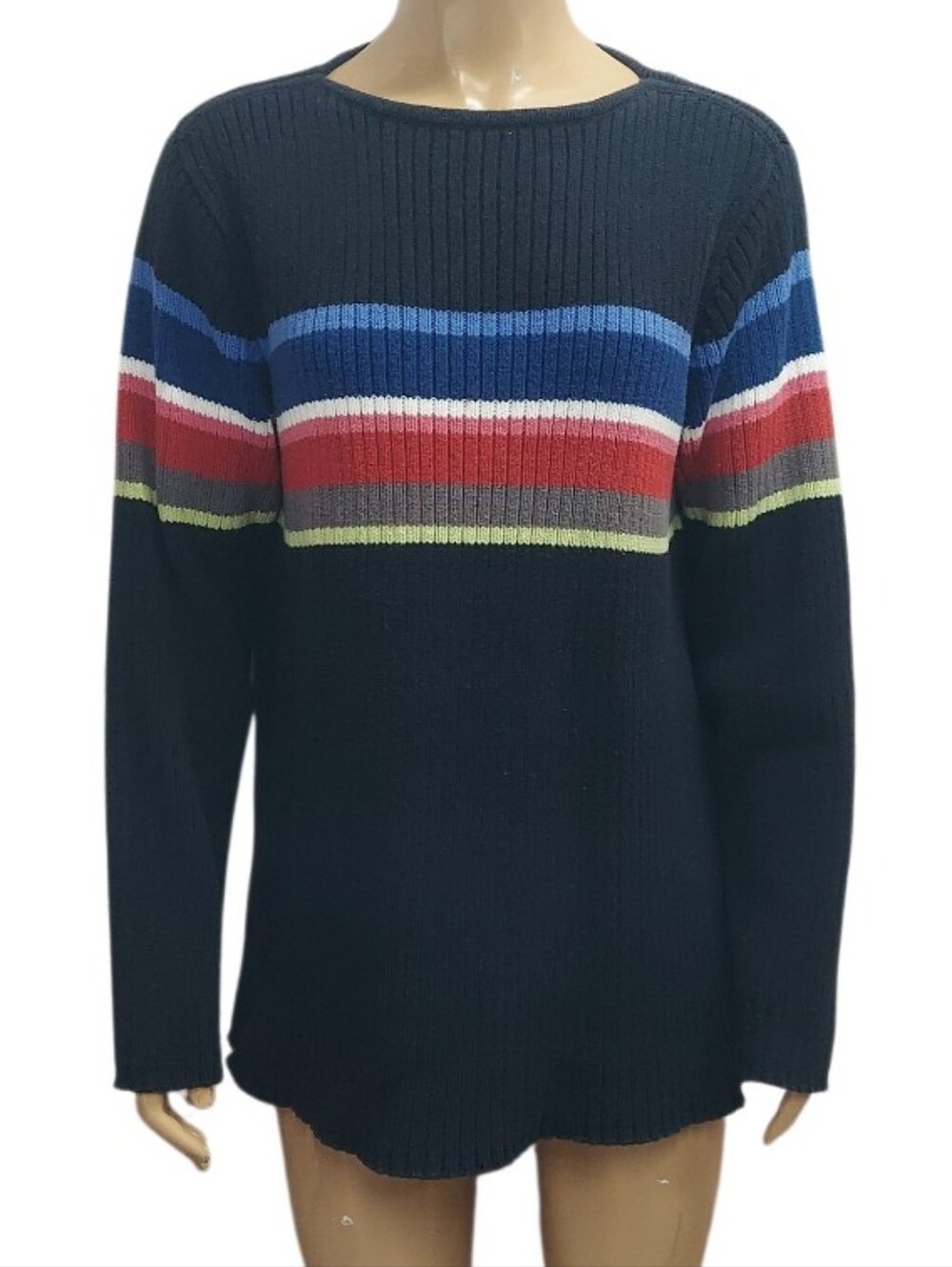 Vintage Liz Claiborne Ribbed Cotton Blend Multicolor Stripes Pullover Sweater